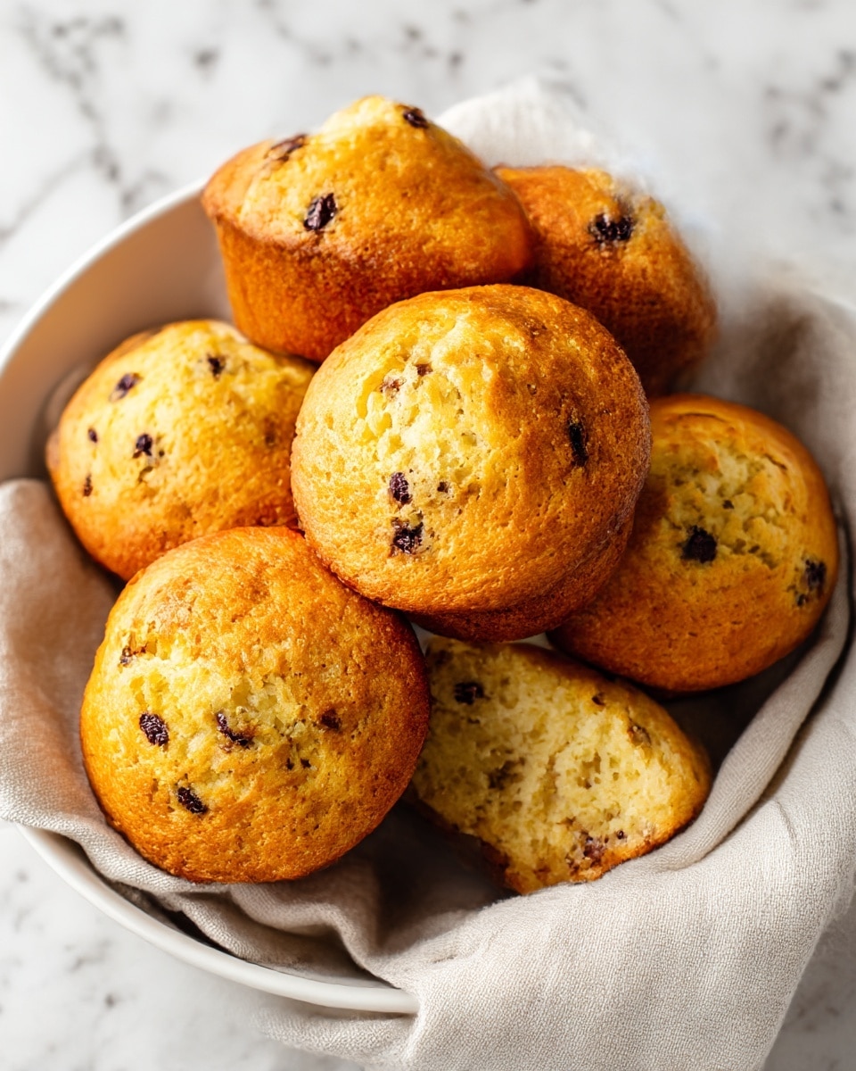 The image shows a group of six golden brown muffins placed closely together in a white bowl lined with a light beige cloth. Three muffins are whole, while two show their soft, light yellow inside with visible dark spots of berries or chocolate chips. The texture of the muffins looks moist and fluffy with a slightly crisp and browned outer edge. The background is a white marbled texture. photo taken with an iphone --ar 4:5 --v 7