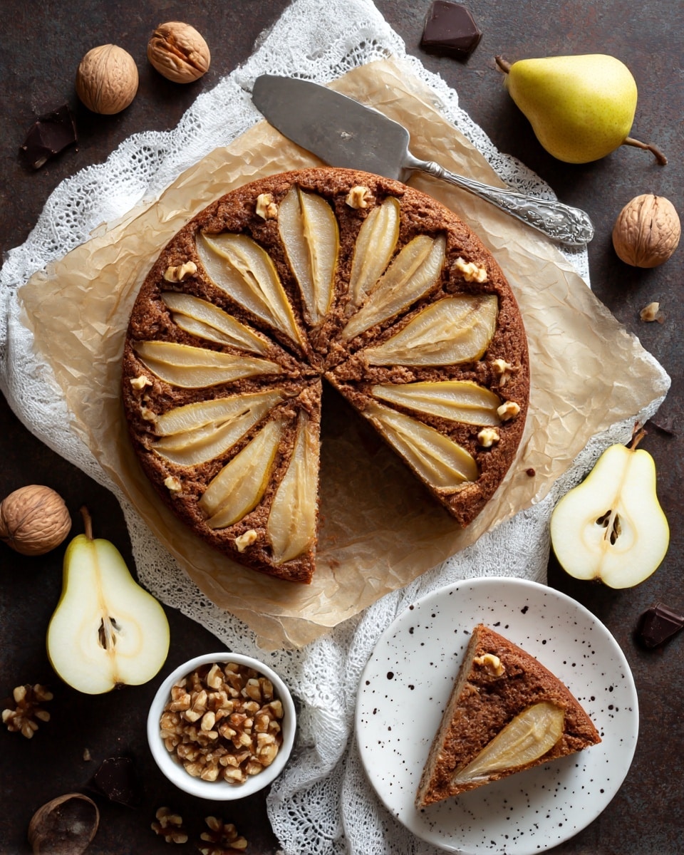 A round pear cake with a golden-brown crust and soft brown crumb sits centered on parchment paper, topped with ten thin, caramelized pear slices arranged in a circular pattern, sprinkled with small walnut pieces. A slice of the cake is placed on a white plate with tiny dark speckles, showing the inside texture with pear pieces on top, next to a pear half and a small silver fork. Around the cake, whole pears, halved walnuts, scattered walnut pieces, and small bits of dark chocolate add detail. A small white bowl filled with chopped nuts is placed near the plate, all set on a dark textured surface with a white lace cloth partly under the cake. A silver spatula rests inside the cake. photo taken with an iphone --ar 4:5 --v 7