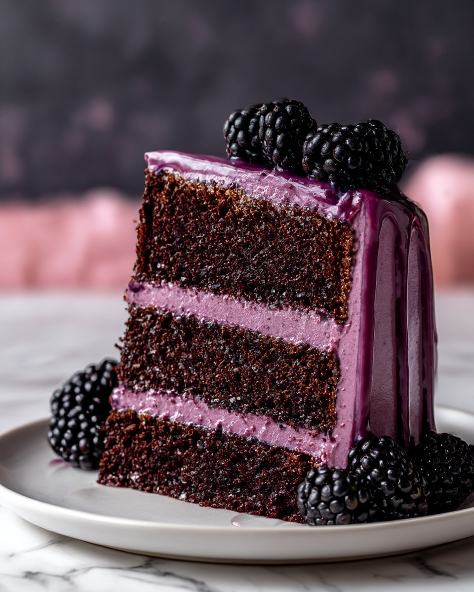 A slice of deep purple two-layer cake sits on a white plate with a white marbled surface. The cake layers have a soft, spongy texture, separated by a thick layer of smooth, dark purple filling. The entire slice is coated in rich, shiny purple glaze that drips slightly down the sides. On top, three blackberries and a swirl of light purple cream decorate the cake. Beside the slice on the plate, there are halved strawberries, a blackberry, small purple flower petals, and a fresh green mint leaf. The background is dark, making the vibrant colors of the cake and fruits stand out. Photo taken with an iphone --ar 4:5 --v 7