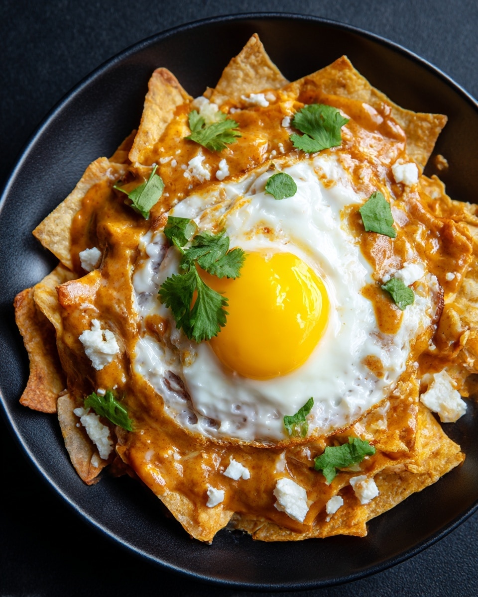 This dish shows a white plate filled with crispy golden-brown tortilla chips as the base layer. On top of this is a thick layer of green salsa that covers most of the chips with a slightly chunky texture. Two sunny-side-up eggs with bright yellow yolks and white, firm edges sit near the center, partially sinking into the salsa. White crumbly cheese is sprinkled around the eggs in small chunks. Fresh green cilantro leaves are scattered on top for garnish. The plate rests on a white marbled textured surface. photo taken with an iphone --ar 4:5 --v 7