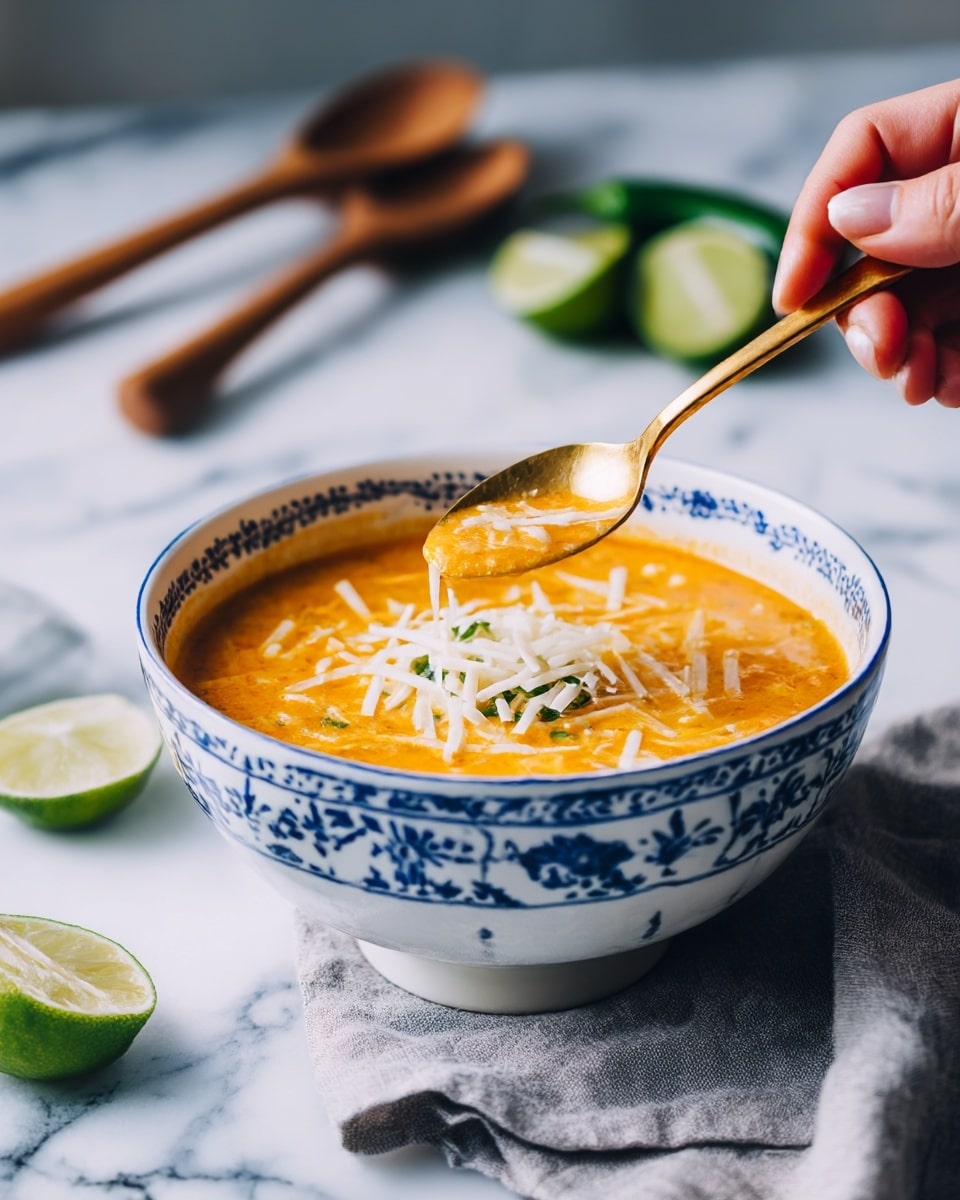 A white bowl filled with clear orange broth soup that has thin noodles spread throughout it. On top in the middle is a dollop of white cream sprinkled with small green herb pieces. The soup appears thin with visible pasta strands floating in it. Around the bowl are a halved lime, a whole lime, a halved jalapeño with seeds, some fresh cilantro leaves to the top right, and a black spoon on a white towel with black stripes set on a white marbled surface. photo taken with an iphone --ar 4:5 --v 7