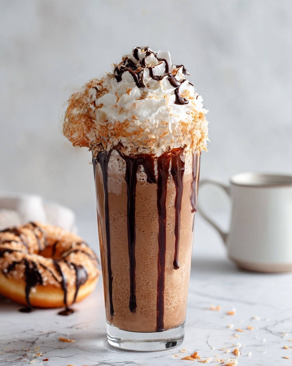 A tall clear glass filled with a light brown creamy drink, topped with a thick layer of white whipped cream. The rim of the glass is covered in toasted coconut flakes, and glossy dark chocolate syrup drips down from the whipped cream over the coconut. A round donut coated in toasted coconut and drizzled with dark chocolate sits on the edge of the glass. The background shows a soft focus white marbled surface and a white cup with a handle. Photo taken with an iphone --ar 4:5 --v 7