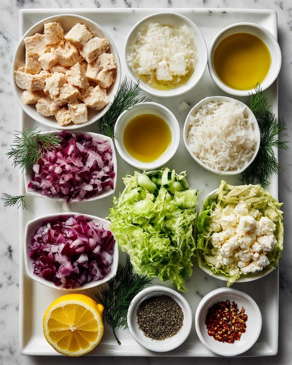A white bowl holds a layered dish starting with a base of white rice at the bottom. On top, there are small pieces of grilled chicken with a golden brown color and slight charring, sprinkled with green herbs. To the side, a creamy white sauce with green herbs sits next to fresh, vibrant slices of cucumber and crumbled white cheese. Bright red tomato chunks and thin slices of purple onion complete the bowl, adding color contrast. The background is a white marbled surface. Photo taken with an iphone --ar 4:5 --v 7