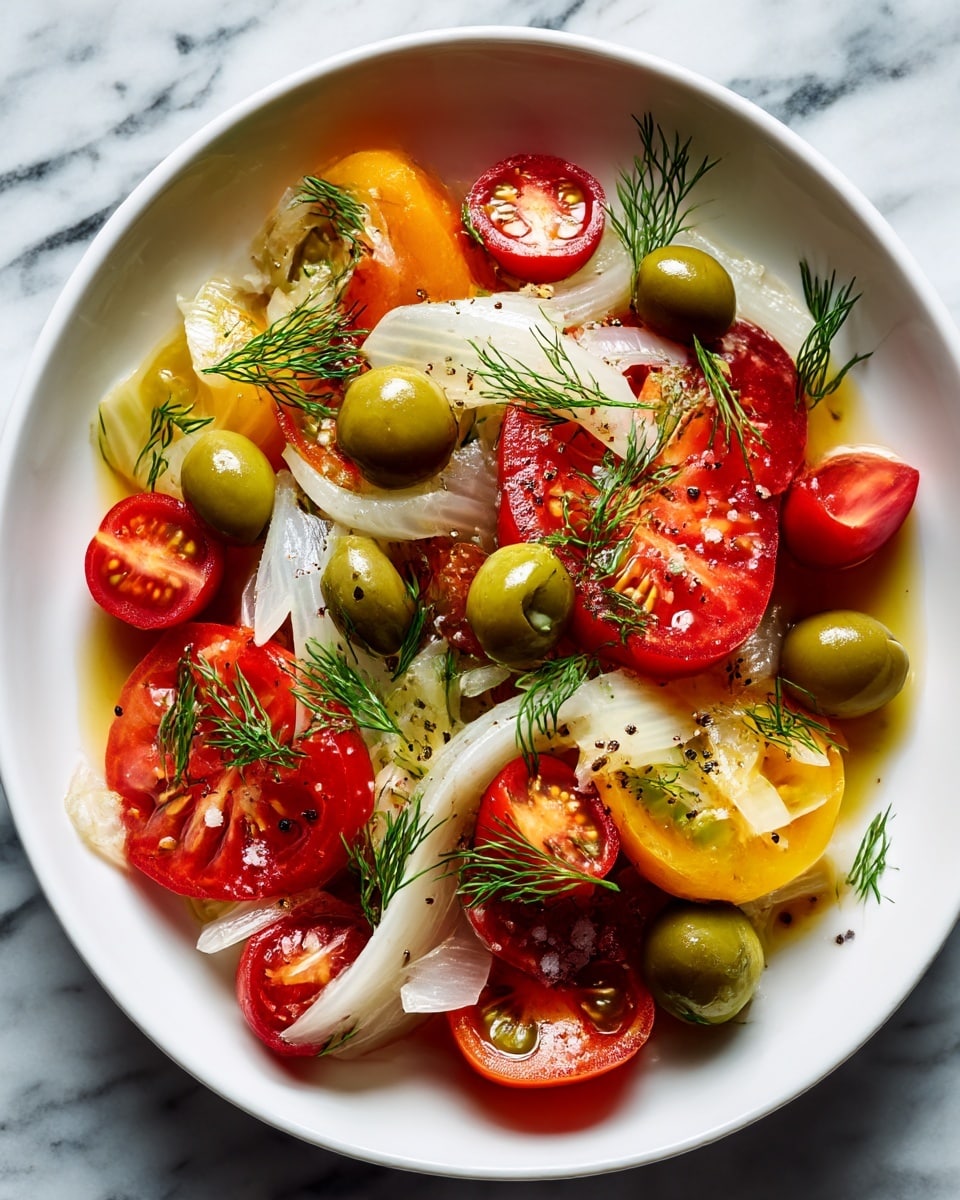 A white bowl filled with a fresh salad shows multiple layers: the bottom layer has thin, translucent slices of white fennel, topped with a mix of red, yellow, and green tomato slices that have a slightly juicy texture. Scattered on top are halved green olives and quartered cherry tomatoes with glossy skins. The salad is sprinkled with small green dill sprigs and coarse salt crystals, while a drizzle of oil and black pepper add shine and specks across the dish. The bowl sits on a white marbled surface. photo taken with an iphone --ar 4:5 --v 7