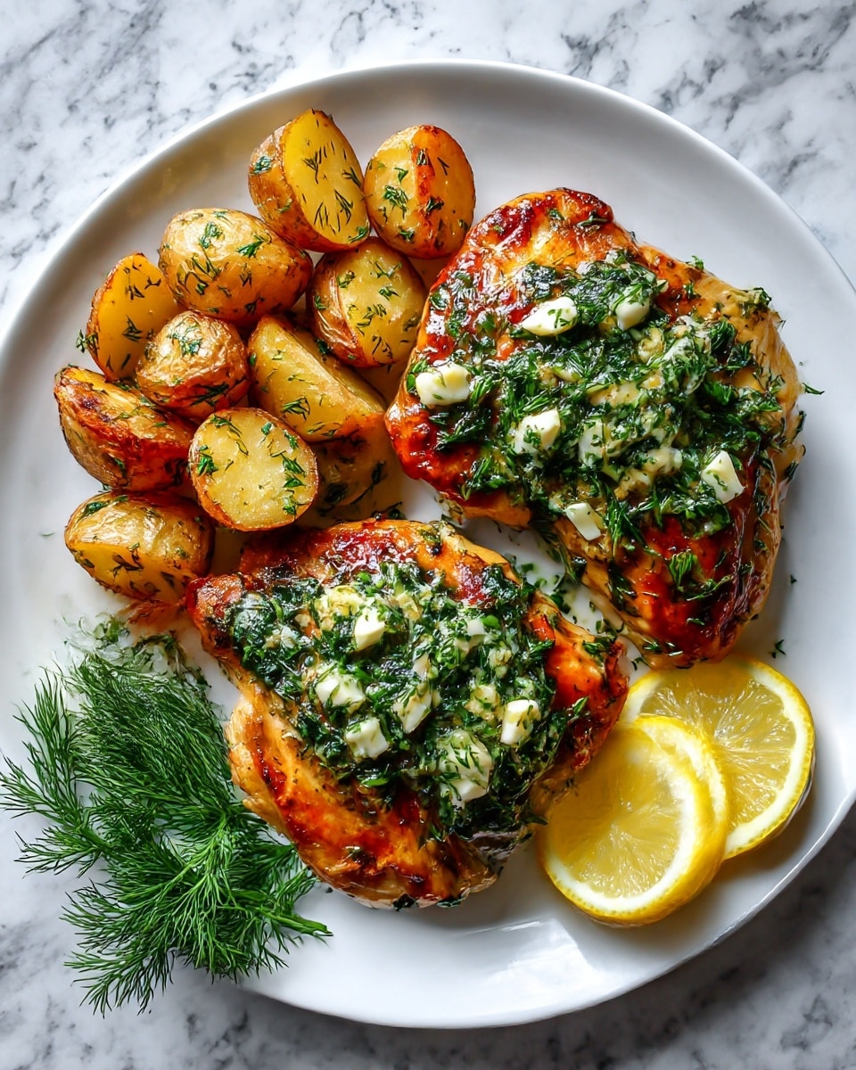 The image shows a white plate with two pieces of golden-brown cooked chicken topped with a green herb sauce and small white cheese pieces. To the top left of the chicken are small roasted potatoes with a crispy texture and sprinkled herbs. Two lemon wedges are placed beside the chicken, adding a bright yellow color. A small bunch of fresh green dill is visible near the top left edge of the plate. The plate is on a white marbled surface. photo taken with an iphone --ar 4:5 --v 7