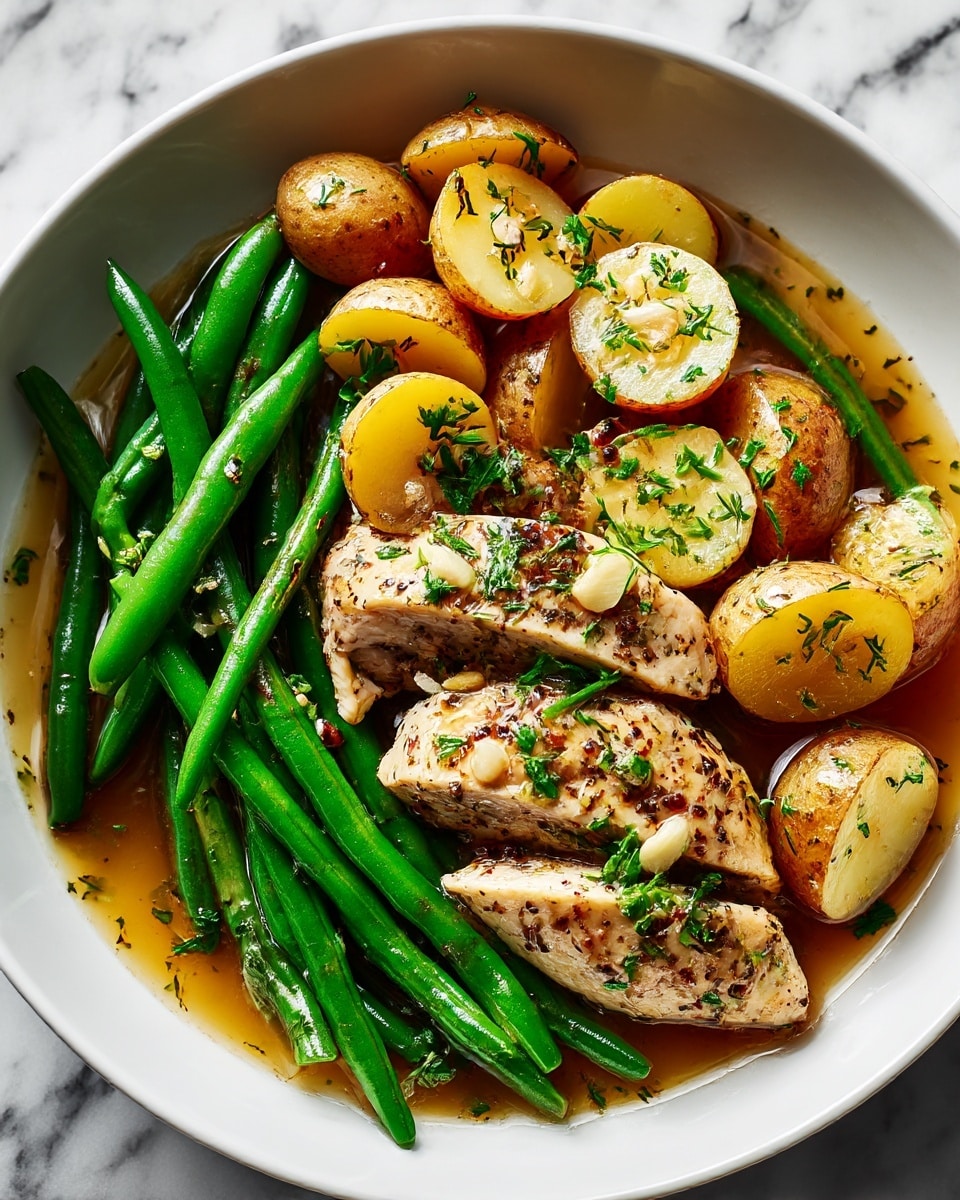 Inside a white oval slow cooker, there are three main layers arranged from bottom to top. The bottom layer shows whole green beans, fresh and shiny, laid out neatly in a compact formation. Above them, there are three seasoned raw chicken pieces with a light brown sauce and small bits of garlic and seasoning sprinkled over them. The top layer consists of many small red potato quarters, also covered lightly with the same sauce and seasoning. The slow cooker sits on a white marbled surface which contrasts with a soft cloth towel with black grid lines seen in the upper right corner. Photo taken with an iphone --ar 4:5 --v 7