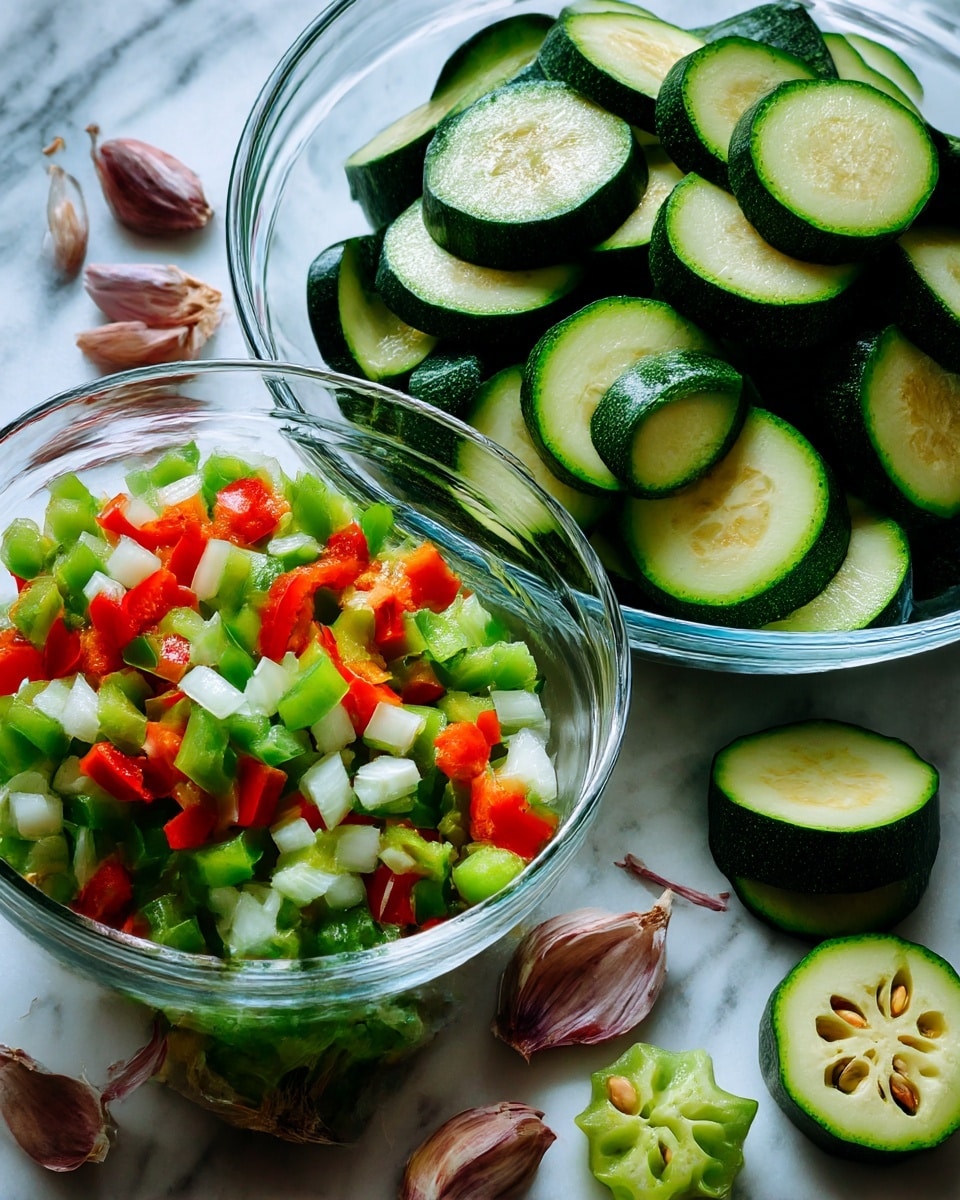 Two clear glass bowls sit on a white marbled surface, one on the top right filled with thickly sliced half-moon shaped zucchini, its dark green skin contrasting with pale inner flesh, and the other on the bottom left filled with diced mixed vegetables in small cubes: bright green and red bell peppers, and white onions, layered evenly throughout. Around the bowls are scattered garlic cloves with their purple-tinged skins and bits of green bell pepper, with a piece of a cut light green vegetable with seeds in the bottom right corner. The lighting is soft and bright, highlighting the fresh and colorful vegetables. photo taken with an iphone --ar 4:5 --v 7