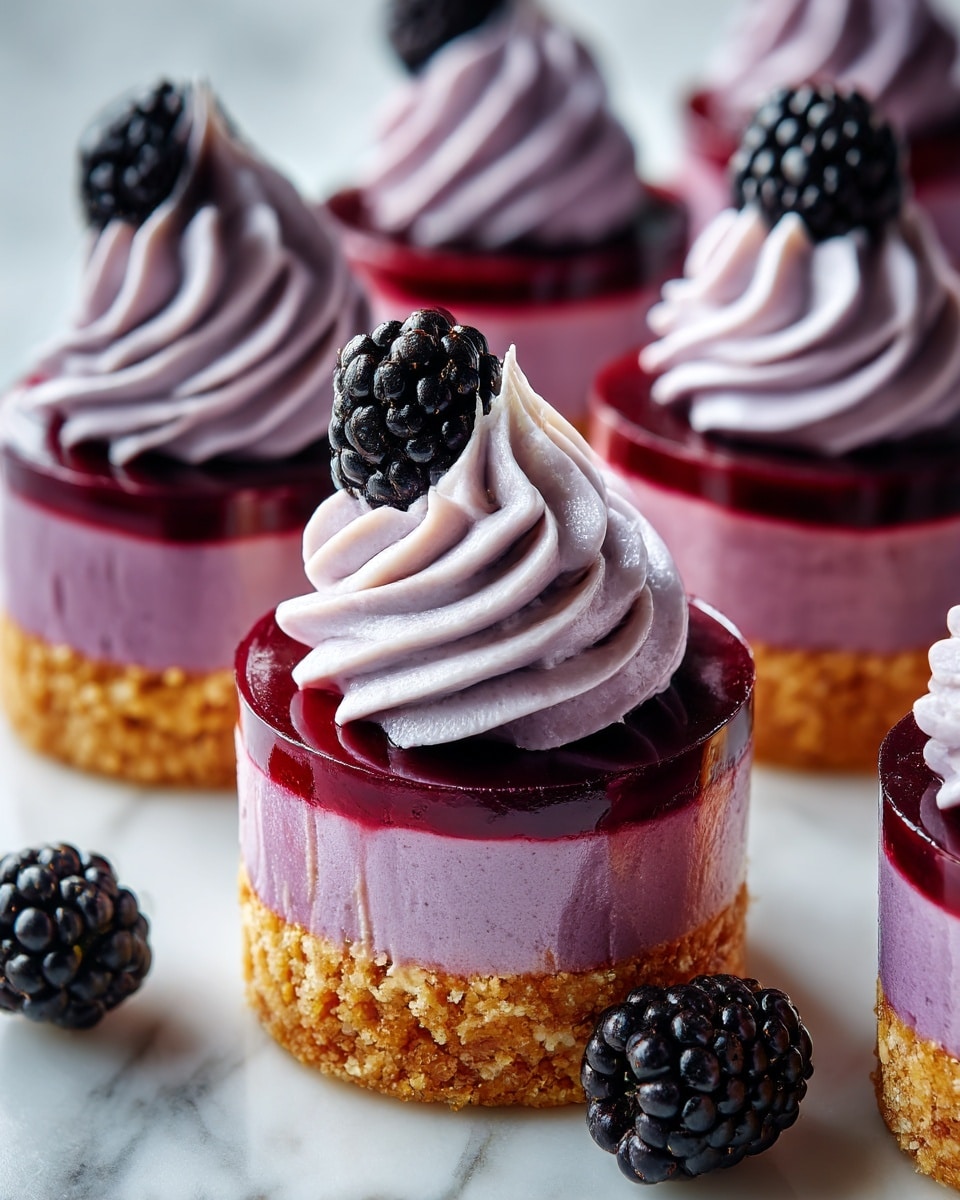 The image shows several small layered desserts on a white marbled surface. Each dessert has three layers: the bottom is a golden brown crumb crust, the middle is a smooth purple layer, and the top is a shiny dark red jelly. On top of each dessert is a swirl of light purple cream, looking soft and fluffy. A fresh dark purple blackberry sits on top of the cream swirl, accompanied by a small green leaf for decoration. One blackberry lies beside the desserts on the surface. The background is bright and blurred, focusing on the details of the desserts. photo taken with an iphone --ar 4:5 --v 7