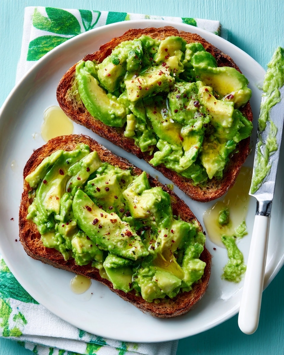 Two pieces of toasted brown bread are arranged on a white plate, each topped with a thick spread of mashed avocado that looks creamy with small chunks for texture. The avocado layer is bright green with hints of darker green spots. There is a shiny drizzle of olive oil over the avocado, adding a glossy effect. A white-handled knife with some avocado spread on its blade lies on the right side of the plate. The plate rests on a light blue surface with a folded napkin featuring a green leaf pattern underneath the left side. The photo taken with an iphone --ar 4:5 --v 7