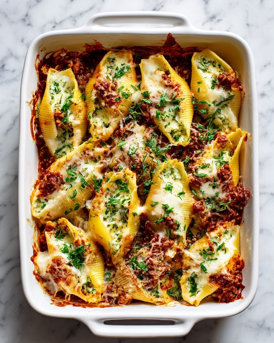The image shows a white baking dish filled with large pasta shells stuffed with creamy ricotta and topped with cooked ground beef and melted cheese. Each shell is golden yellow with ridges, filled with a mix of light cream cheese and browned beef. The dish is layered with a rich red tomato sauce underneath and around the shells, visible at the edges. The melted cheese on top is light golden with some browned spots, and fresh green parsley is sprinkled evenly over the shells for color contrast. The baking dish sits on a white marbled surface. photo taken with an iphone --ar 4:5 --v 7