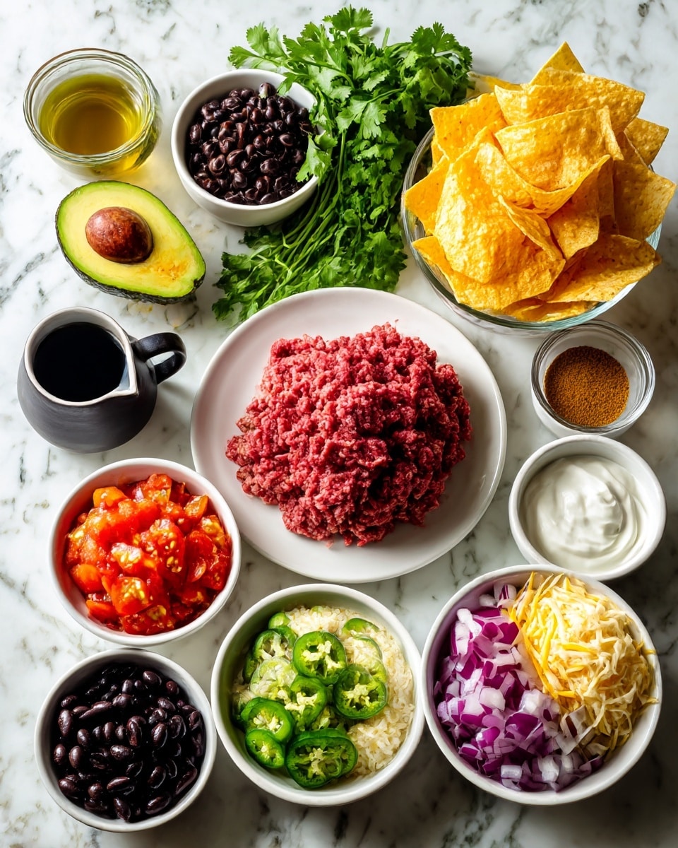 The image shows many ingredients arranged on a white marbled surface with each in a clear or white bowl. In the center, a white plate holds a layer of red raw ground beef. Around it, starting from the top right, a clear bowl overflows with light yellow tortilla chips with rough textures. Near the top center, a bunch of green cilantro lays fresh and leafy. To the left, a whole dark green avocado sits beside a small black cup of hot water. Bowls filled with yellow shredded cheddar cheese, thinly sliced green jalapenos, and smooth white sour cream are positioned around the center. Other bowls contain deep black beans, bright red diced Roma tomatoes, pale yellow olive oil, and taco seasoning in light brown powder form. Near the bottom, a bowl of shredded white Monterey Jack cheese, chopped white onions, dark black olives, and diced purple-red onions are all neatly arranged. The whole scene is bright and clean, showing fresh and colorful ingredients for making a taco meal. Photo taken with an iphone --ar 4:5 --v 7