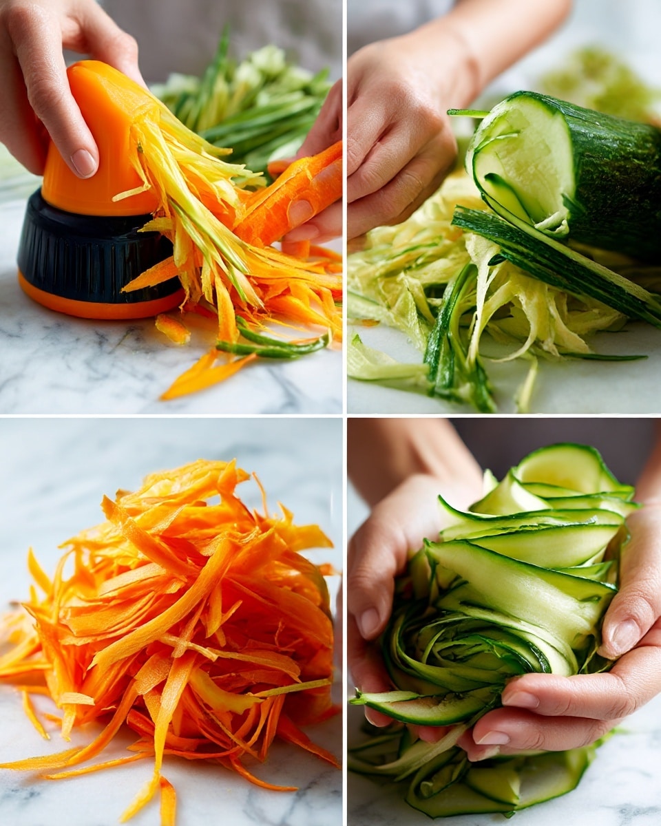A close-up of a spoon lifted above a white bowl filled with a mix of thinly sliced orange carrots and green cucumbers, all coated in a creamy light dressing with small bits of green herbs scattered throughout. The vegetables appear fresh and crisp, with the spoon holding a colorful, tangled mix of the salad's layers, showing the orange carrot strips on top and green cucumber strips curling underneath. In the background, the blurred white bowl and the wooden surface add warmth to the image. A woman's hand is holding the spoon from the bottom left corner. Photo taken with an iphone --ar 4:5 --v 7