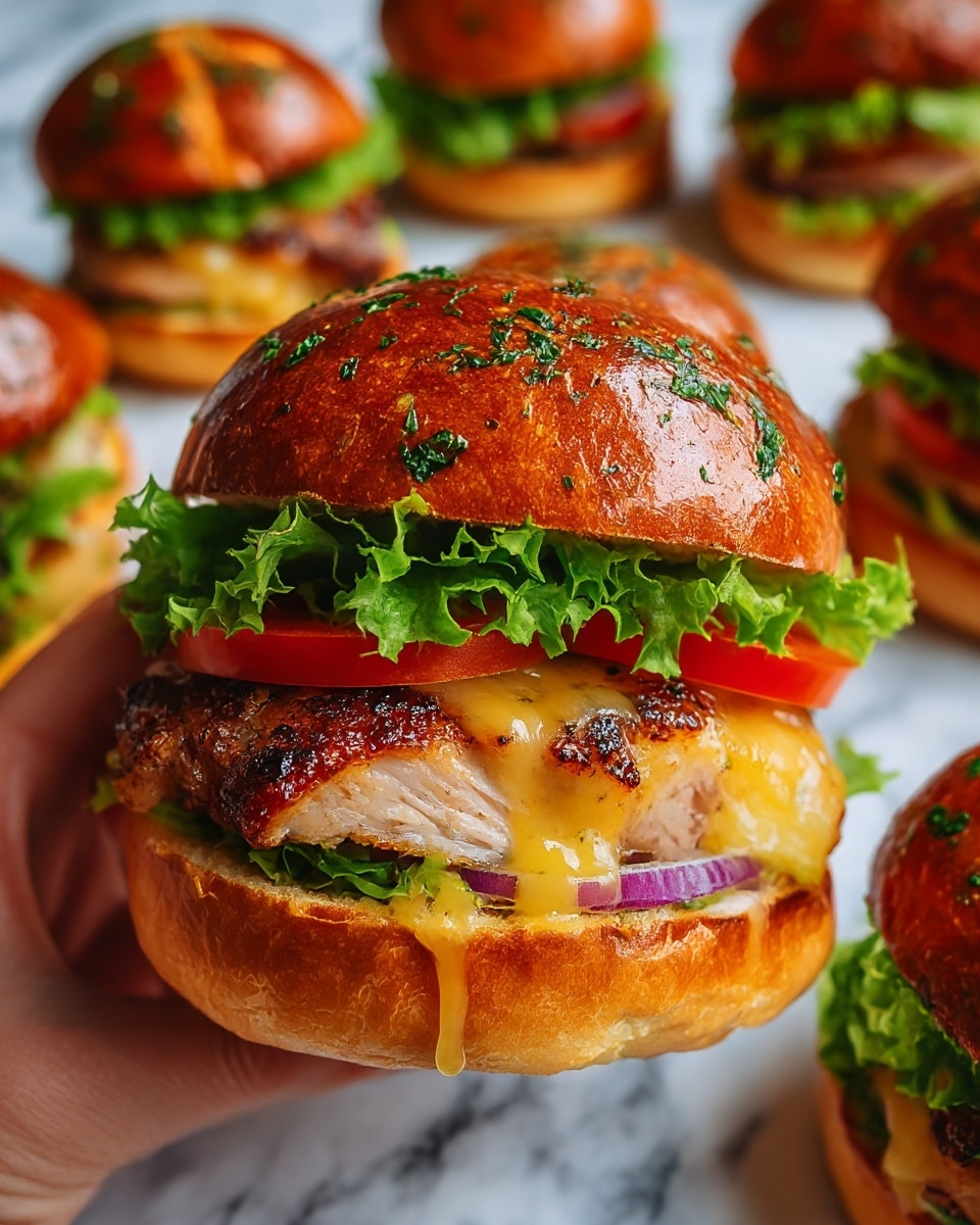 A close-up of a sandwich held by a woman's hand shows multiple layers starting with a shiny, golden brown bun sprinkled with green herbs on top. Inside, there is a piece of lightly charred grilled chicken with melted yellow cheese dripping slightly on the edges. On top of the chicken, there are fresh green lettuce leaves and a slice of red tomato. Red onion slices peek out underneath the lettuce. The sandwich is placed above a white marbled surface with several similar sandwiches with the same bun and toppings placed close to each other in the background. Photo taken with an iphone --ar 4:5 --v 7
