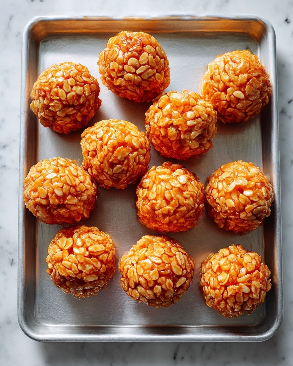 The image shows twelve round, orange rice crispy treats arranged in four rows and three columns on a silver baking tray. Each treat is evenly shaped, with a textured surface made of puffed rice cereal coated in a glossy orange layer, stacked to form a firm ball. The tray rests on a white marbled surface that softly reflects the light, highlighting the smooth and slightly sticky texture of the treats. The composition is clean and minimal with the focus on the uniform, shiny orange balls. photo taken with an iphone --ar 4:5 --v 7