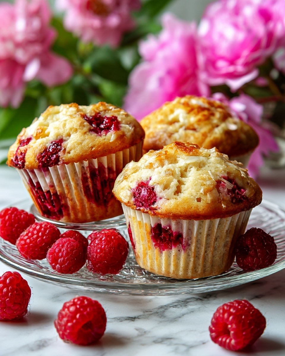 Three light-colored muffins with red raspberry pieces baked inside are placed closely together on a clear glass plate. The muffins have a soft texture, with some raspberries visibly embedded and peeking through the surface. Around the plate are a few whole fresh raspberries. The scene is set on a white marbled surface with bright pink flowers blurred in the background, adding a touch of color contrast. photo taken with an iphone --ar 4:5 --v 7