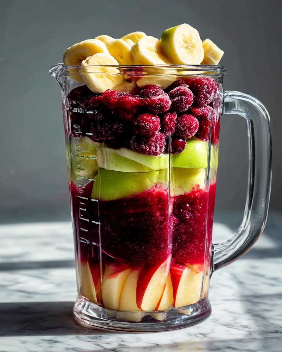 A clear blender jar stands on a white marbled surface, filled with layered fruit. At the bottom, there are sliced red apple pieces. Above the apples, a thick layer of deep red frozen berries sits densely packed. On top of the berries, there are slices of light yellow banana, and above the bananas, pieces of green apple are visible. The blender jar is transparent with measurement markings and has a simple, clean design. The lighting is bright and natural, highlighting the colors and textures of the fruit inside. Photo taken with an iphone --ar 4:5 --v 7