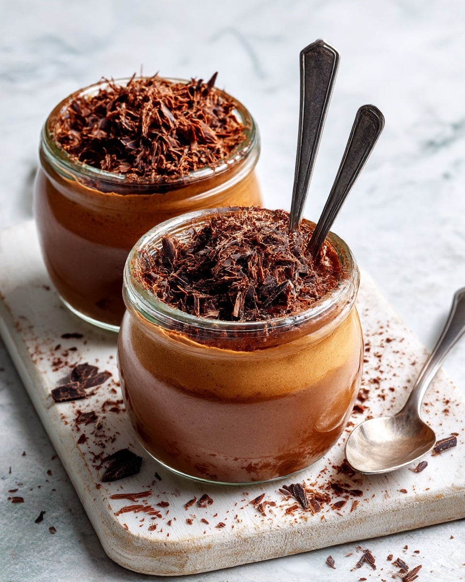 Two glass jars each hold a smooth, thick layer of chocolate pudding with a light brown color. On top of each pudding layer, there is a thin topping of finely grated dark chocolate with a textured, curly look. Both jars have silver spoons standing upright inside them. The jars sit on a white wooden board, which is placed on a white marbled surface with small chocolate shavings scattered around. The background is soft and light, matching the white marbled texture. photo taken with an iphone --ar 4:5 --v 7