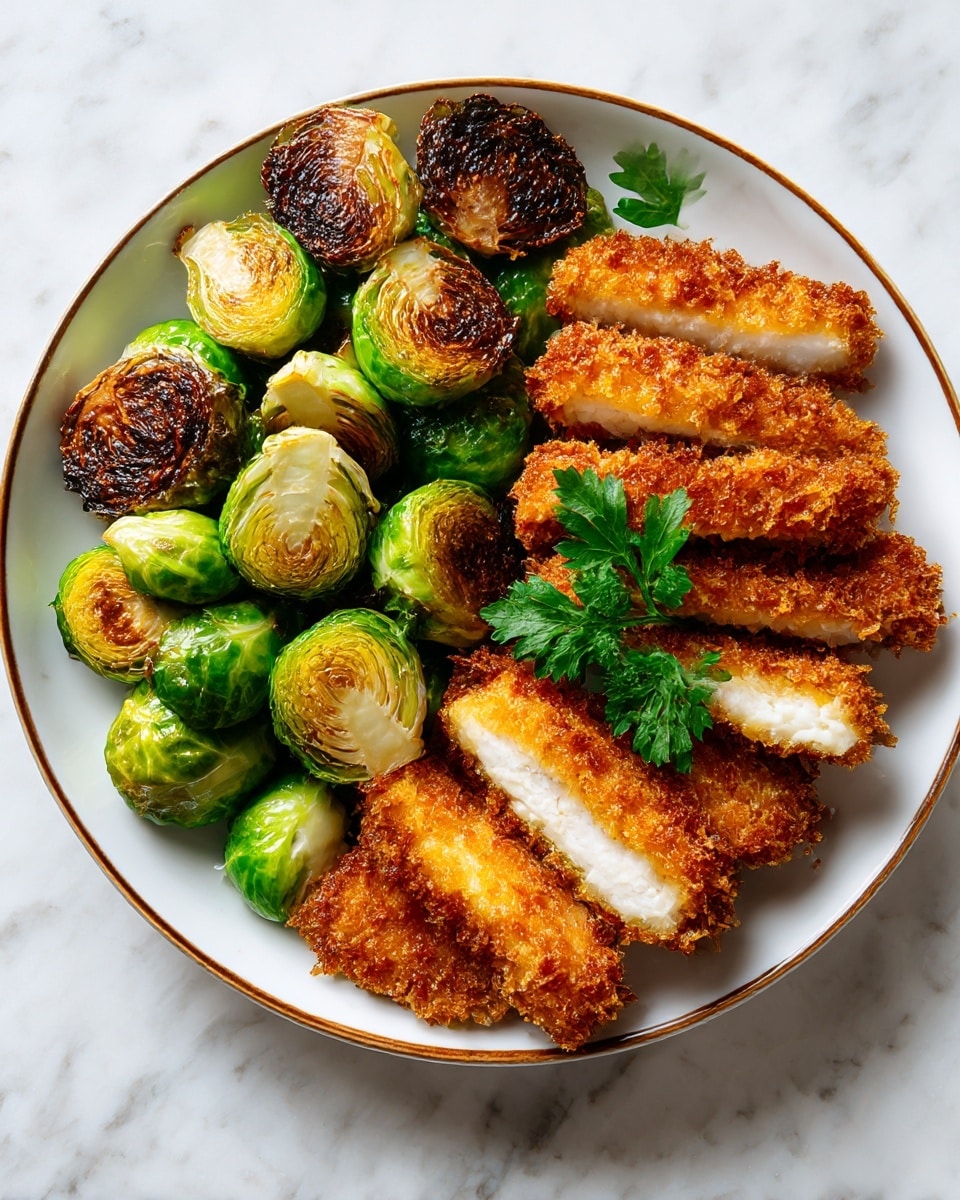 The image shows a white plate with a thin brown rim placed on a white marbled surface. On the left side of the plate, there is a serving of roasted Brussels sprouts with a charred, browned outer layer and bright green inner parts visible. On the right side, there are several slices of breaded and fried food that appear golden brown and crispy on the outside, with a white interior showing inside the slices. A single sprig of green parsley rests on top near the middle of the plate. The lighting highlights the textures of both the roasted vegetables and the crispy breading. photo taken with an iphone --ar 4:5 --v 7