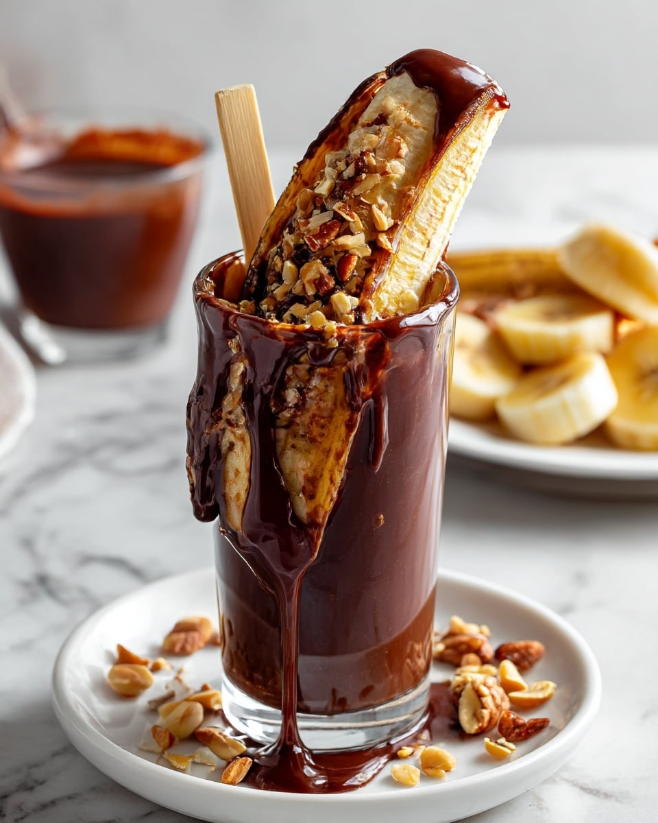A tall clear glass is filled nearly to the top with thick dark brown chocolate sauce. A peeled banana is placed vertically inside the glass, with the bottom half covered in chocolate sauce and some dripping down. The banana is held by a light wooden stick inserted from the top. The glass sits on a white plate with scattered small chopped nuts around it, all on a white marbled surface. In the blurred background, there is a white plate with more peeled bananas and another glass of chocolate sauce. photo taken with an iphone --ar 4:5 --v 7
