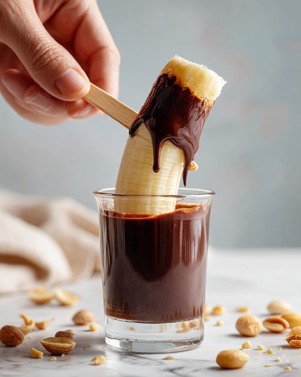 A peeled banana on a light brown stick dips into a clear glass filled with dark, smooth chocolate sauce. The top part of the banana is covered with dripping chocolate, while the bottom half stays visible and pale yellow, with its soft texture shown. The glass sits on a white marbled surface, and there are scattered small light tan nut pieces around. In the blurred background, a woman’s hand holds the light brown stick. Photo taken with an iphone --ar 4:5 --v 7