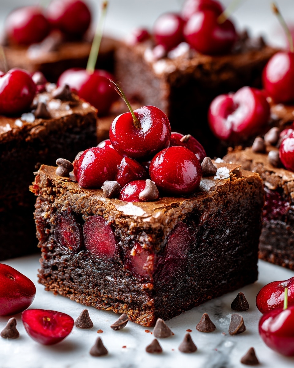 This image shows a pile of dark brown chocolate brownies on a white marbled surface, with a focus on one square brownie in the center. The brownie has a rich, moist texture and is topped with glossy, deep red cherry halves and small chocolate chips scattered on and around it. The background has more brownies stacked close together, sprinkled with cherries and chocolate chips all over. The layers include the brownie base with a dense, fudgy interior and a slightly crisp top, highlighted by the shiny cherries and smooth chocolate bits. photo taken with an iphone --ar 4:5 --v 7