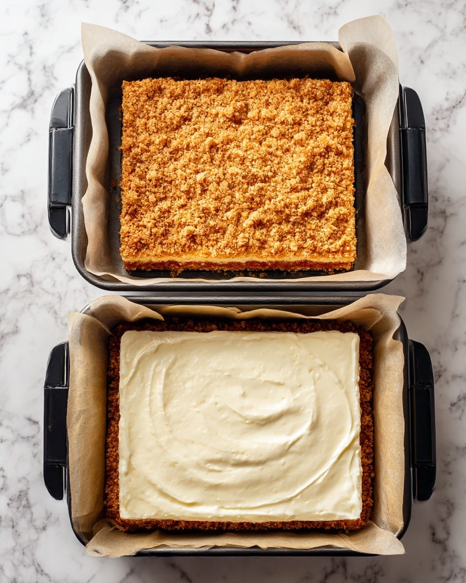 The image shows two square pans placed on a white marbled surface. The top pan contains an even layer of golden brown crumbly crust pressed flat against the bottom and sides. The bottom pan has a thick layer of smooth, creamy white filling spread evenly over the same golden crumbly crust base. Both pans are lined with parchment paper held in place by black clips on the top and bottom edges. photo taken with an iphone --ar 4:5 --v 7