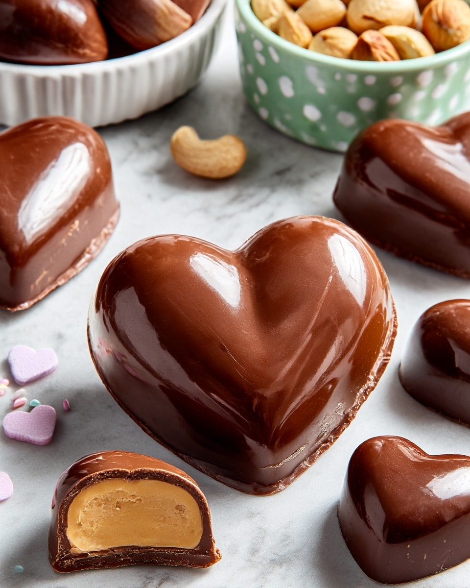 The image shows several heart-shaped chocolates with a smooth, shiny milk chocolate coating. One large chocolate heart is in the center, showing a glossy light brown surface with a few reflections, and a slightly uneven edge. Around it are smaller heart chocolates; one is cut open revealing a light golden yellow inside, and the others show the smooth chocolate surface from different angles. In the background, there is a white bowl with green color and white dots filled with light-colored nuts, placed on a white marbled texture. Small pastel-colored heart-shaped sprinkles are scattered near the chocolates. Photo taken with an iphone --ar 4:5 --v 7