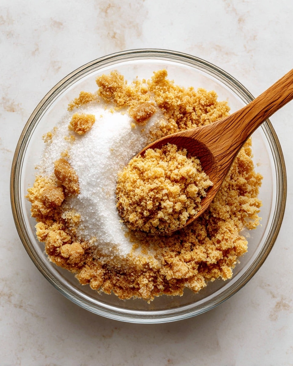 A clear glass bowl sits on a white marbled surface filled with a mix of crumbly light brown crushed cookies forming the base layer. On top of this, there is a layer of white granulated sugar that covers part of the crumbs in the center and bottom left of the bowl. A wooden spoon with a natural wood grain texture is resting on the right side in the mix, scooping some of the crumbs and sugar. The overall texture looks dry and crumbly with a mix of fine grain and larger rough pieces. photo taken with an iphone --ar 4:5 --v 7