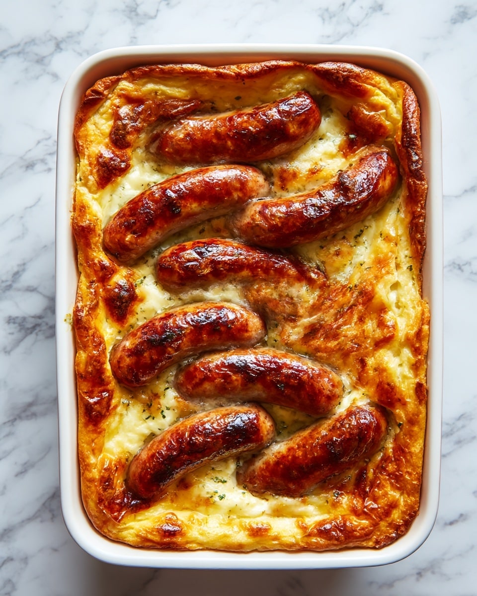 The image shows a baked dish with seven curved sausages placed in two vertical columns on top of a golden brown, slightly puffy baked batter layer. The batter has a smooth and slightly uneven texture with some browned spots, and the sausages have a shiny, browned skin with some darker grill marks. The dish is rectangular and fills the frame, sitting on a white marbled surface. Photo taken with an iphone --ar 4:5 --v 7