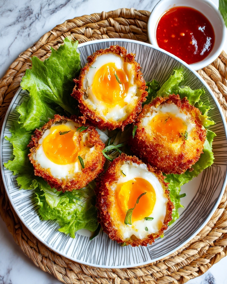 The image shows four Scotch eggs on a white plate, placed on a white marbled surface with a green and blue checkered cloth underneath. Each Scotch egg has a soft-boiled egg center with bright white egg white and a vibrant orange yolk. Surrounding the egg is a thick layer of textured ground meat mixed with herbs, coated outside with a crumbly golden-brown crust. In the background, a small dark bowl with a brown sauce and a wooden spoon is partially visible, and a woman's hand holds one Scotch egg on the side. Photo taken with an iphone --ar 4:5 --v 7