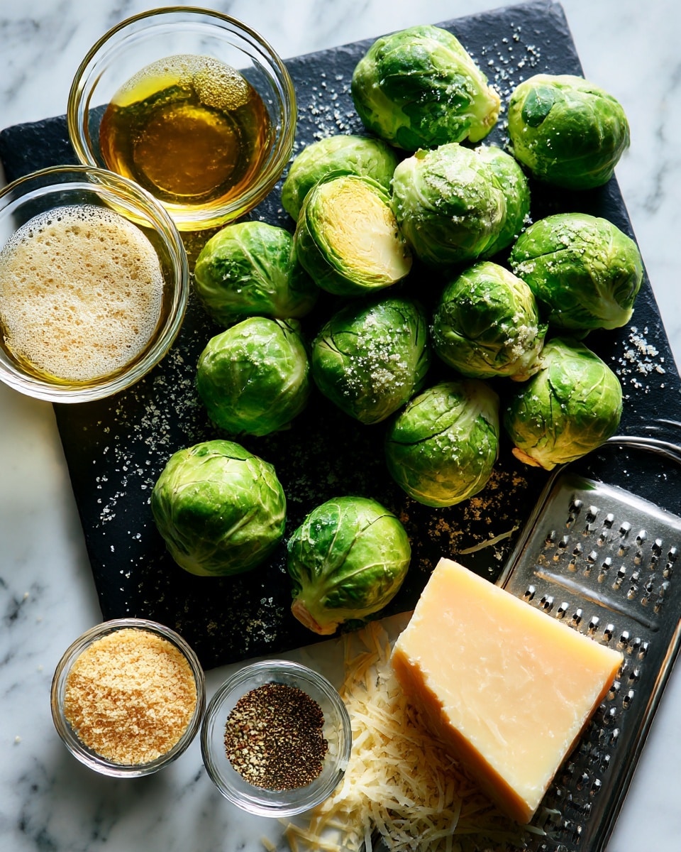 The image shows several fresh Brussels sprouts scattered mostly on the upper right on a black cutting board with a sprinkle of salt or seasoning. To the left of the board, there are three clear glass bowls arranged from top to bottom: the first bowl holds golden olive oil, the second has melted butter with a slight foam on top, and the third contains light beige panko breadcrumbs. Below the bowls, a small clear dish holds mixed seasonings including salt, black pepper, and a light brown powder. On the bottom right side, a block of pale yellow parmesan cheese is placed beside a metallic grater with some shredded cheese spilled beside it. The background is a white marbled texture. photo taken with an iphone --ar 4:5 --v 7