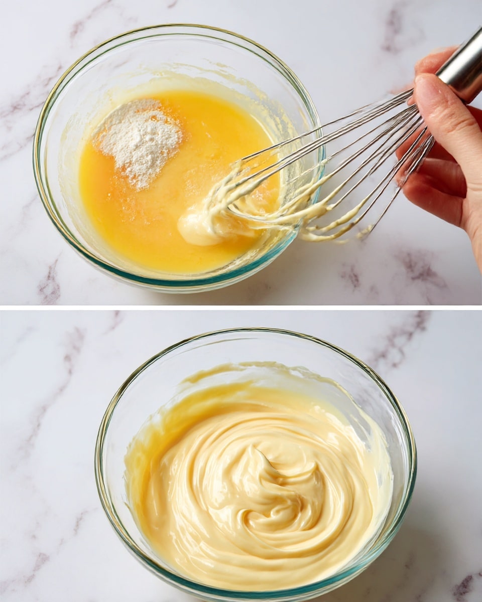 Three images show a clear glass bowl on a white marbled surface. The first image has a mix of yellow liquid and white powder in the bowl. The second image shows a woman's hand holding a metal whisk, mixing the ingredients inside the bowl; the mixture looks smoother and creamier with light yellow color. The third image shows the bowl filled with a smooth, thick, pale yellow cream with a soft texture and slight swirl on top. Photo taken with an iphone --ar 4:5 --v 7