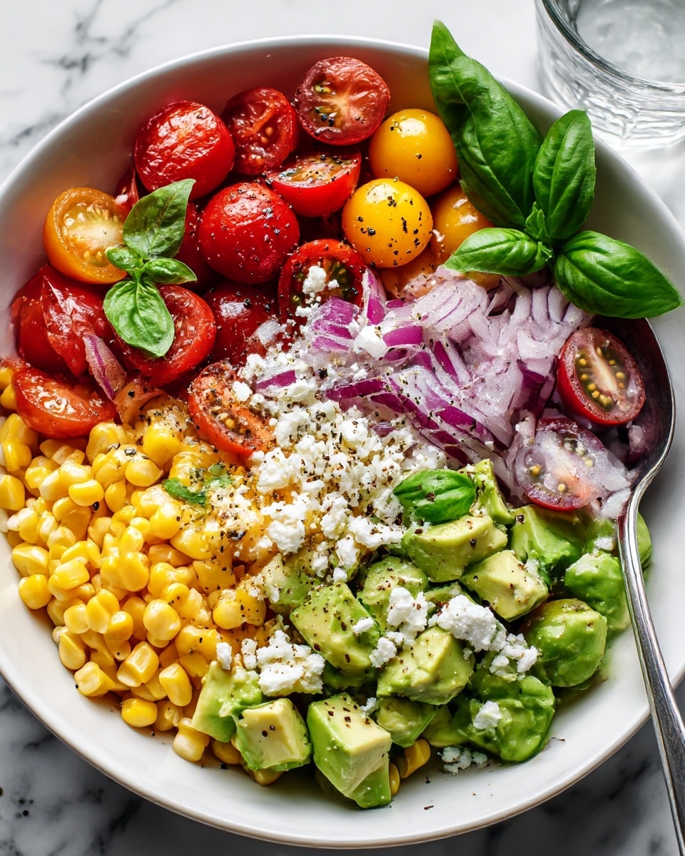 The image shows a white bowl filled with a colorful salad. The first layer is bright yellow corn kernels, mixed with small cubes of pale green avocado and chopped red onion. Scattered on top are halved cherry tomatoes in red, yellow, and green colors. There are small pieces of white cheese sprinkled over the salad, along with fresh green basil leaves. Black pepper is lightly dusted all over. The bowl sits on a white marbled surface, with a glass cup partially visible in the background. A silver spoon is inside the bowl, resting on the right side. photo taken with an iphone --ar 4:5 --v 7