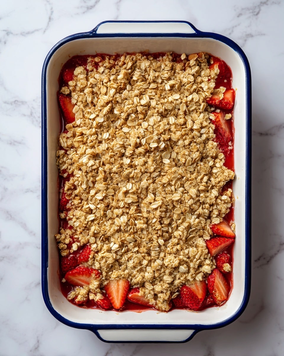The image shows a white rectangular baking dish with a deep blue edge, filled with a two-layer dessert. The bottom layer is made of bright red strawberries that look juicy and sliced, slightly peeking out from under the top layer. The top layer is a crumbly, golden-brown oat streusel with various sizes of crumbs and oat flakes, heavily covering the fruit beneath. The dish sits on a white marbled surface, creating a clean, fresh background. Photo taken with an iphone --ar 4:5 --v 7