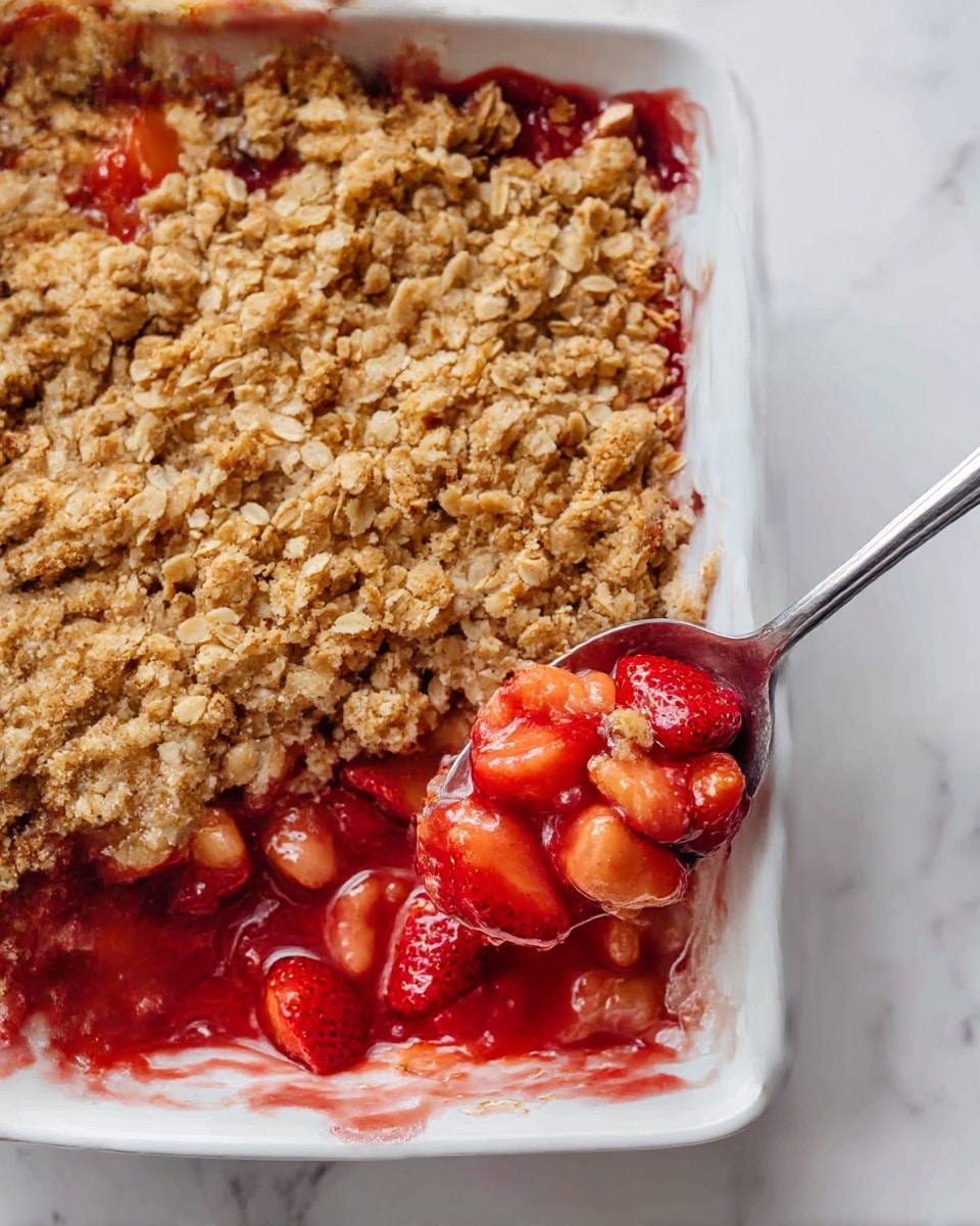A white baking dish filled with a two-layer dessert, the bottom layer is bright red with chunks of soft strawberries and a thick syrup, showing juicy and glossy texture. The top layer is a golden brown crumb topping made with oats and small crunchy clumps, covering most of the fruit layer. On the right side of the dish, a silver spoon scoops a portion, lifting crumb and fruit to reveal the rich red inside. The dish is placed on a white marbled surface. photo taken with an iphone --ar 4:5 --v 7