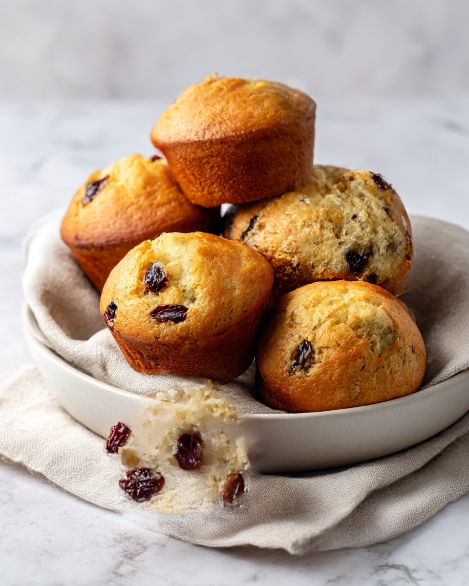 The image shows a group of six muffins placed on a light beige cloth in a bowl. Four muffins are whole, smooth on top with a golden-brown crust. Two muffins are cut open, showing a soft, light yellow inside with dark bits of dried fruit or berries scattered inside. The baked edges of the muffins are slightly darker and crisp. The bowl holding the muffins is white, set on a white marbled texture surface. Photo taken with an iphone --ar 4:5 --v 7