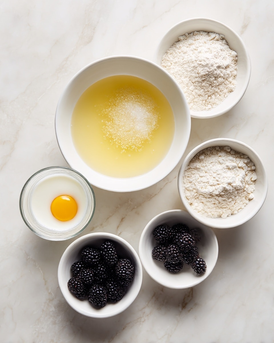 The image shows six white bowls and a glass arranged on a white marbled surface. The largest white bowl in the center contains a yellowish liquid with granulated sugar floating on top. Above it to the right, a medium white bowl is filled with white flour with some broken eggshells mixed in. To the left of the flour bowl, a smaller white bowl holds a raw egg with a bright yellow yolk and clear egg white. Below and to the left of the center bowl, there is a clear glass filled with a thick, white foamy liquid. Finally, below and to the right of the center bowl, a medium white bowl is filled with dark blackberries, showing a rich purple-black color and a textured surface. Photo taken with an iphone --ar 4:5 --v 7