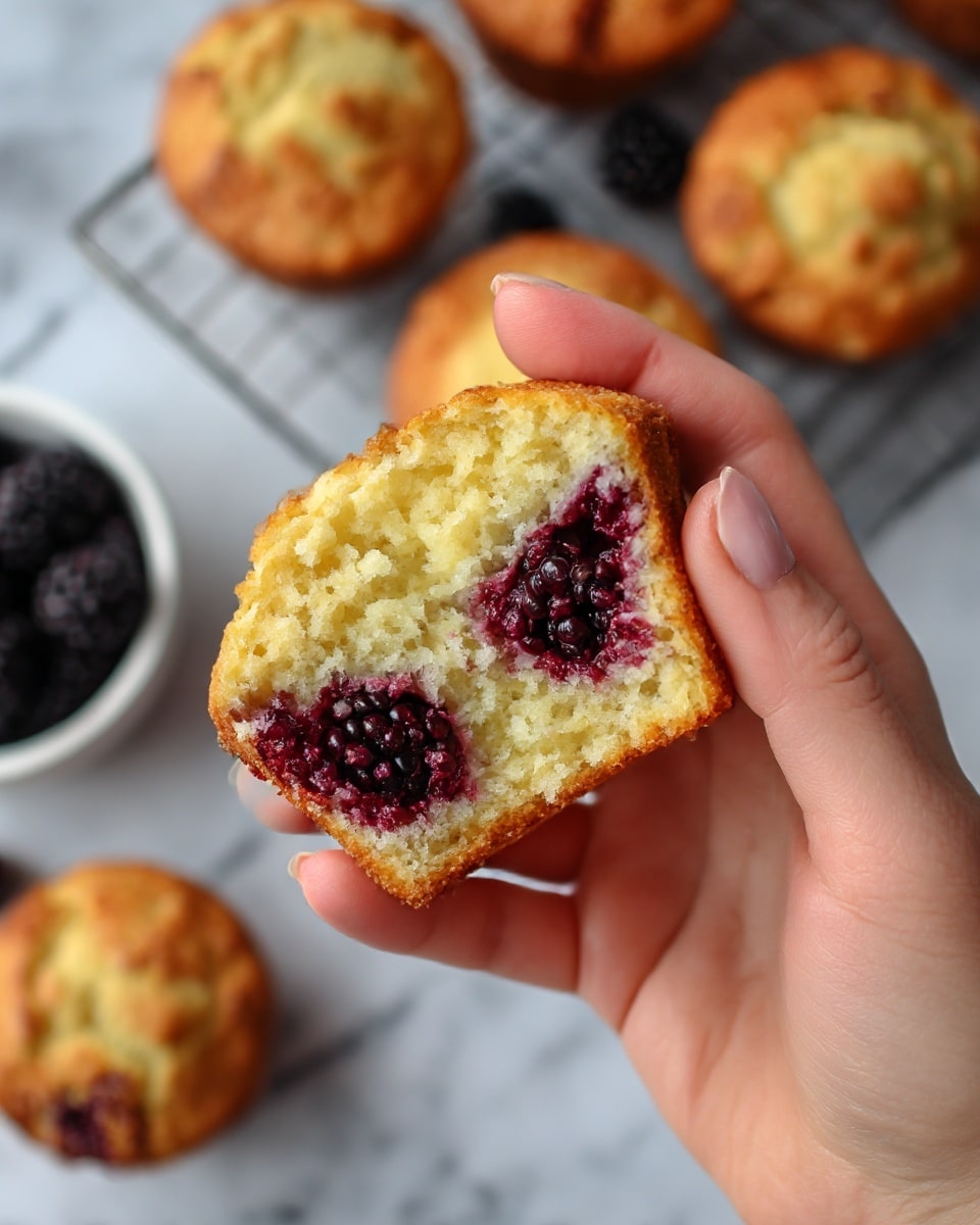 A close-up view of a woman's hand holding a piece of a soft muffin with two whole blackberries inside. The muffin has a golden brown crust on the outside with a light yellow, crumbly texture inside that surrounds the deep red-purple color of the blackberries. In the background, more muffins and a white bowl with whole blackberries sit on a white marbled surface, and a cooling rack is also partially visible. The overall look is warm and fresh. photo taken with an iphone --ar 4:5 --v 7