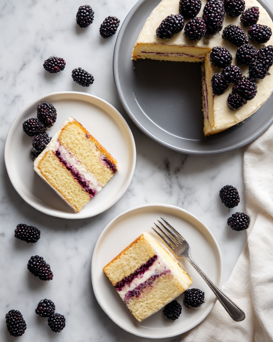 A round blackberry cake sits in a gray pan with one slice removed, revealing layers of light yellow cake and dark purple blackberries on top. There are two white plates each holding a slice of the cake, showing the same light yellow and purple layers with blackberries on top. Each plate has a silver fork resting on the edge. Around the setup are several loose blackberries scattered on a white marbled surface, along with a cream-colored soft cloth. The overall colors include yellowish cake, dark purple-black blackberries, silver forks, and the white plates and surface. Photo taken with an iphone --ar 4:5 --v 7