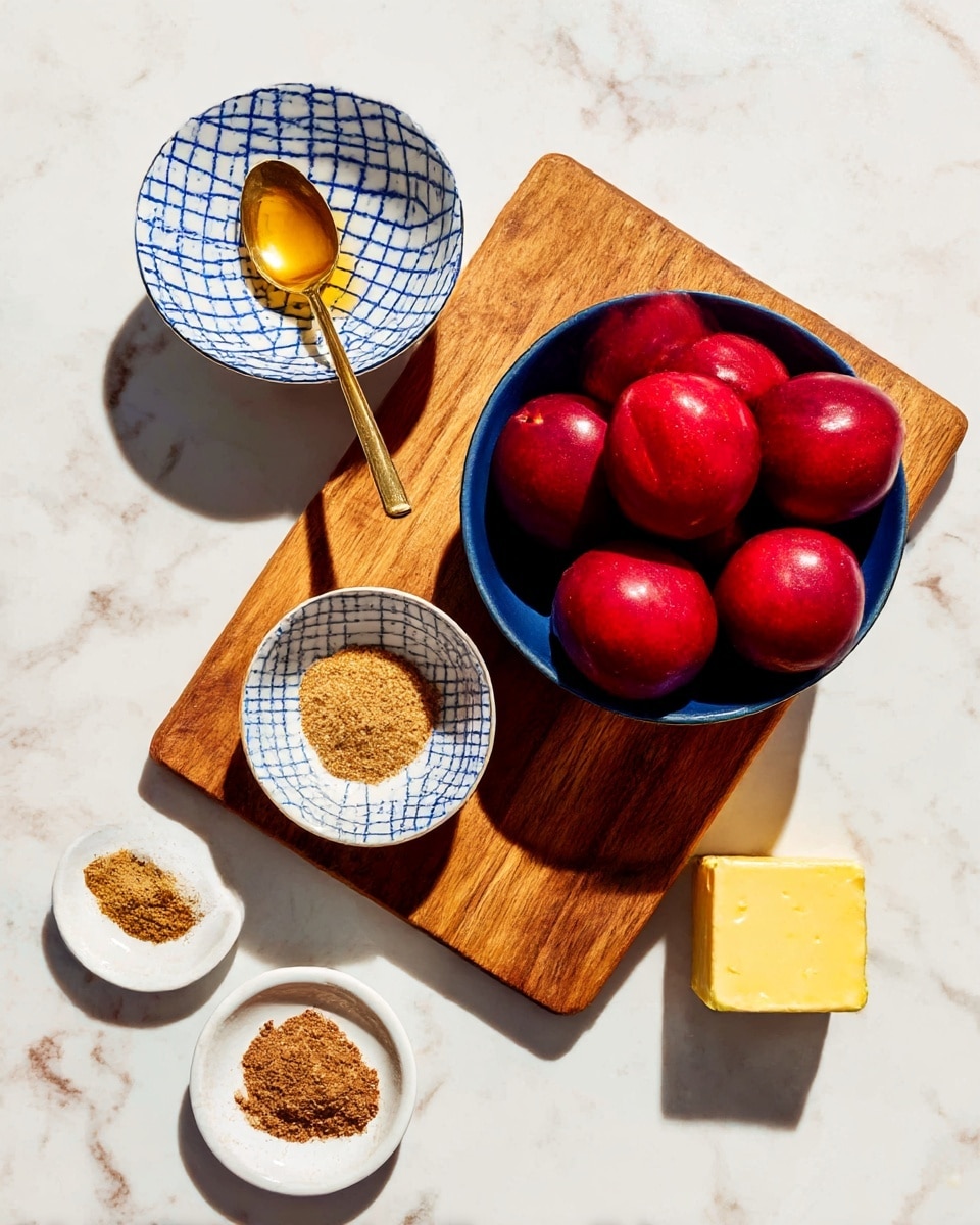 A wooden cutting board sits on a white marbled surface with a blue bowl filled with seven bright red plums with a smooth texture in the top right. To the left of the bowl is a small white bowl with a blue grid pattern inside, holding a spoon with a golden liquid. Below these bowls are two small white dishes; the one on the left contains a small pile of brown powder, and the one on the right has a square piece of yellow butter. The scene has a soft light that highlights the colors and textures photo taken with an iphone --ar 4:5 --v 7