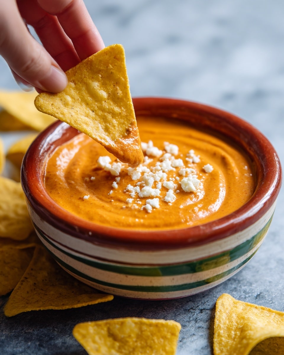 A close-up shot shows a hand dipping a yellow triangular tortilla chip into a bowl of thick, smooth, orange-red dip. The dip bowl is rustic with painted green and white lines around its reddish-brown exterior, filled with the creamy dip topped with small white crumbles. Around the bowl, several yellow tortilla chips lie scattered on a dark surface, with one chip held near the bottom edge. The background is blurred light gray, and the surface has changed to a white marbled texture. photo taken with an iphone --ar 4:5 --v 7