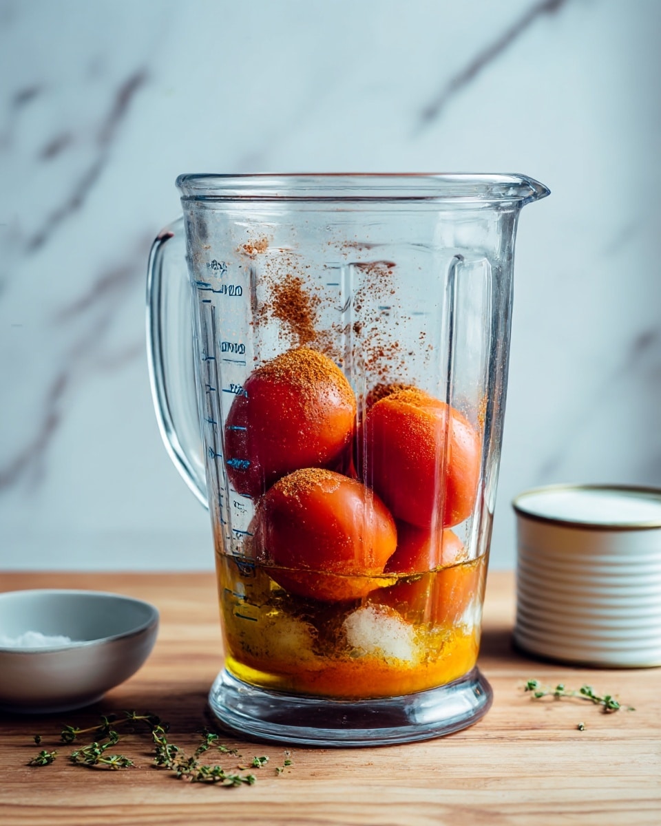 Inside a clear blender jar, there are three whole peeled red tomatoes, some brownish spice powder sprinkled on top, and a bit of green herb leaves scattered around. The contents sit in a layer of golden liquid, likely oil, with some salt grains visible. The blender jar has measurement markings and is set on a wooden table with a small white bowl and a white tin can nearby, all against a white marbled surface. Photo taken with an iphone --ar 4:5 --v 7