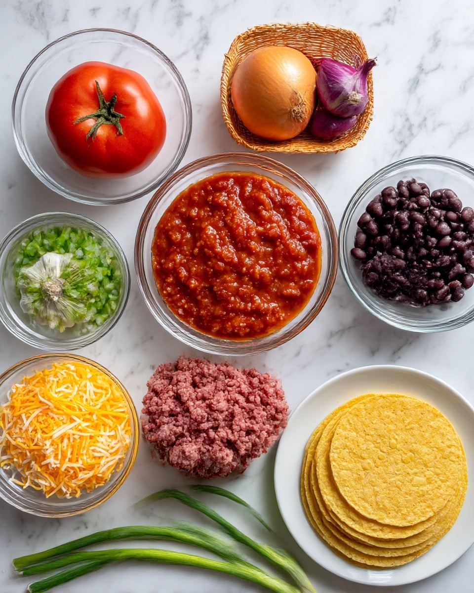 In a black cooking pot on a stove, there are four visible layers of ingredients side by side: at the bottom left, browned ground meat with some oil; at the top left, chopped green bell peppers in small cubes; at the top right, bright red tomato sauce with visible chunks; and at the bottom right, a large pile of shiny black beans. The pot sits against a white marbled texture surface and a tiled light beige wall in the background. Photo taken with an iphone --ar 4:5 --v 7