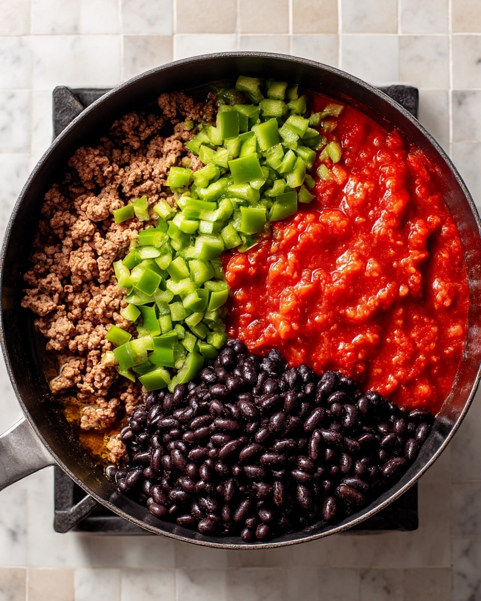 This image shows an arrangement of nine main ingredients placed neatly on a white marbled surface. At the top center is a bright red tomato sitting alone. To its left is a small white bowl with red trim filled with white sour cream, below it a smaller white bowl with green trim holds a deep red chili powder. Centered is a clear glass bowl filled with chunky red salsa. To the right of the salsa is a small square basket holding a brown onion and several small purple garlic bulbs. Below the basket is another clear bowl filled with shiny black beans. On the bottom row, a white plate holds a square portion of raw ground beef with a pinkish-red color and uneven texture. Next to it, stacked yellow corn tortillas rest in a white bowl. Above and to the left of the tortillas, a big clear glass bowl contains a mix of shredded yellow cheddar and white cheese. Green onions with long dark green leaves and white bulbs lie at the bottom right, partly under the tortillas. The photo taken with an iphone --ar 4:5 --v 7