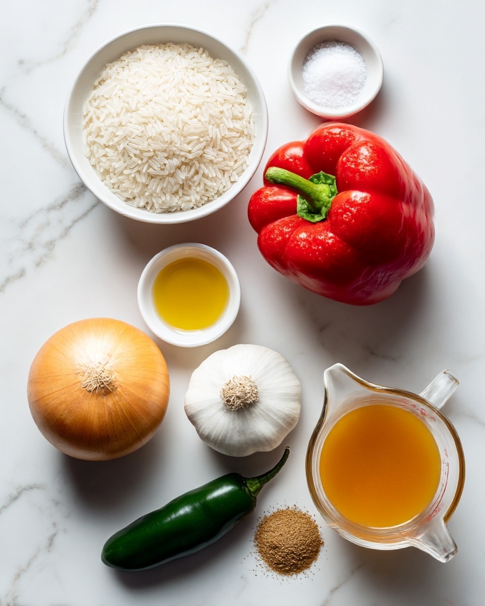 The image shows several ingredients placed on a white marbled surface. At the top left, there is a white bowl filled with raw white rice grains. To its right is a small round white bowl with coarse salt. Below the rice bowl, a whole bright red bell pepper with a green stem is positioned. Near the red bell pepper, a small round white dish contains light yellow olive oil. A whole yellow onion is placed below the olive oil. Next to the onion, there is a bulb of white garlic. Below the garlic, a whole green jalapeno pepper lies diagonally. To the right of the onion, a white jug with a spout holds bright red tomato sauce. At the bottom right, a clear glass measuring cup contains yellow vegetable broth. Finally, a small white bowl holds brown cumin powder positioned near the salt. All items are arranged neatly on the white marbled surface with clear labels in black text above each ingredient. Photo taken with an iphone --ar 4:5 --v 7