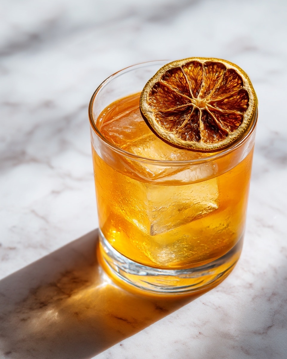 The image shows two clear glasses placed on a white marbled surface with a dark background. The right glass is filled with a dark amber liquid containing bubbles, three large ice cubes, and a bright orange slice near the front edge. The left glass contains two types of coffee beans, a layer of lighter brown beans at the bottom and a layer of darker beans on top, with a lemon slice resting on the beans. The lighting highlights the textures and colors vividly. Photo taken with an iphone --ar 4:5 --v 7