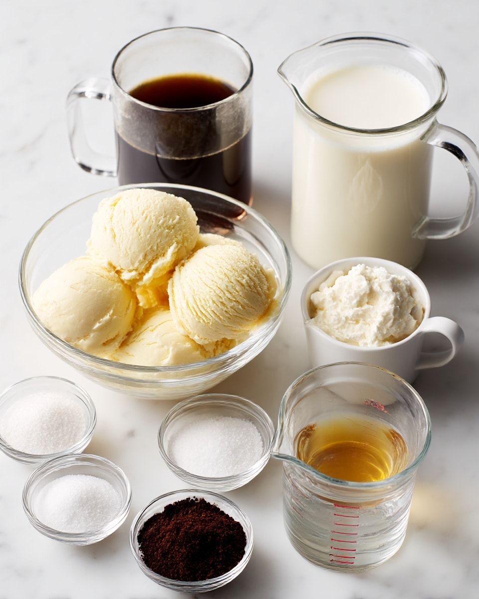 A clear glass bowl filled with several scoops of pale yellow French vanilla ice cream sits on a white marbled surface. Above it, a clear glass mug contains dark brown cold brew coffee. To the right, a larger clear glass mug is filled with white milk. Below the milk, a small white bowl holds finely ground dark brown espresso powder. Next to it is a white pitcher with whipping cream inside. Below the ice cream bowl, there are small clear bowls with white powdered sugar, white sugar, and a small white bowl with golden brown vanilla extract, alongside a clear measuring cup with water. All items are arranged neatly on a white marbled surface. photo taken with an iphone --ar 4:5 --v 7