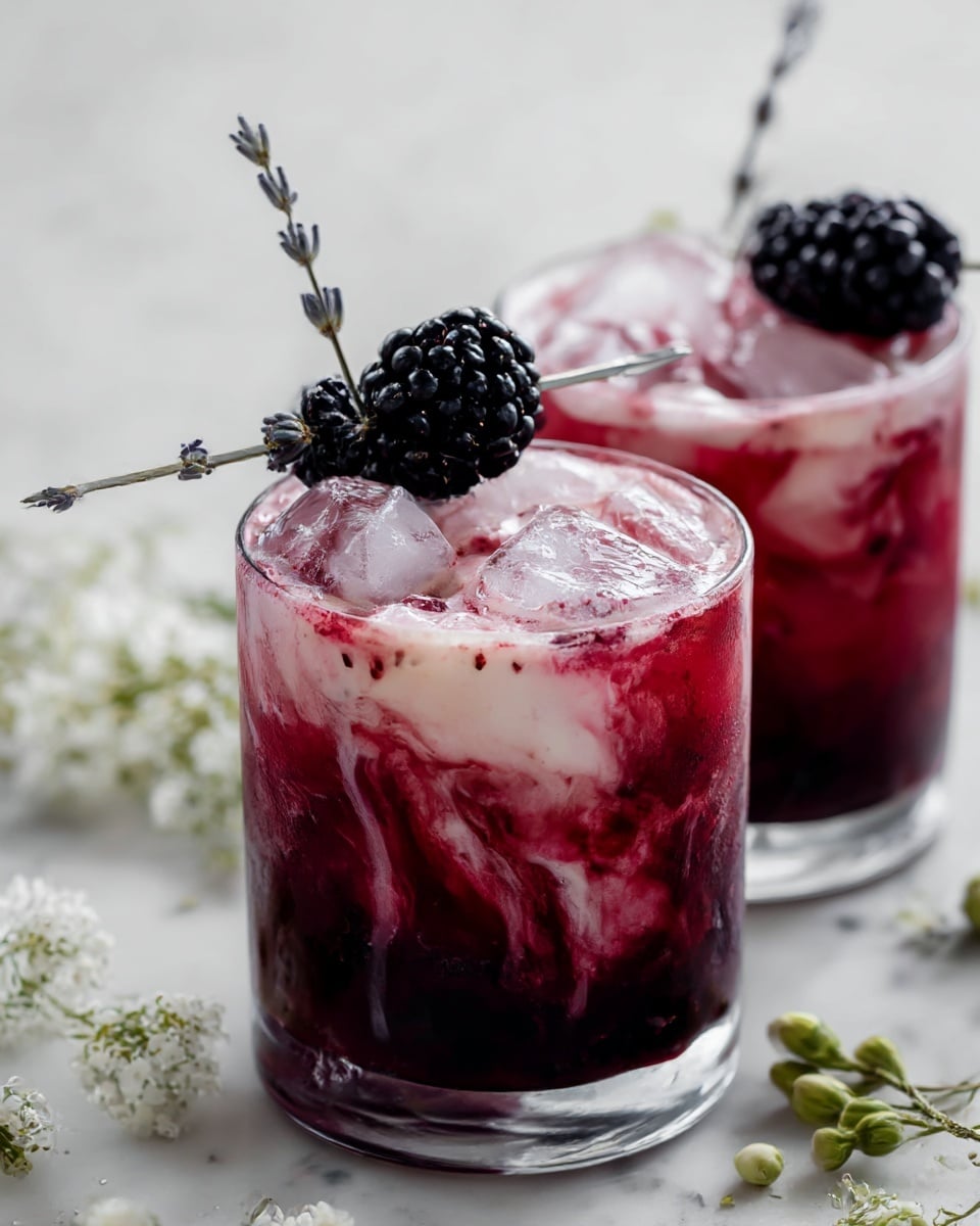 Two clear glasses filled with a deep red drink that has a swirled mix of light pink cream or foam dripping down the inside. Each glass has ice cubes floating near the top and is decorated with two large blackberries on a thin skewer placed across the rim. Small thin lavender sprigs stand in the glasses, adding a delicate touch. The glasses sit on a white marbled surface with some small white flowers and green buds scattered around. Photo taken with an iphone --ar 4:5 --v 7