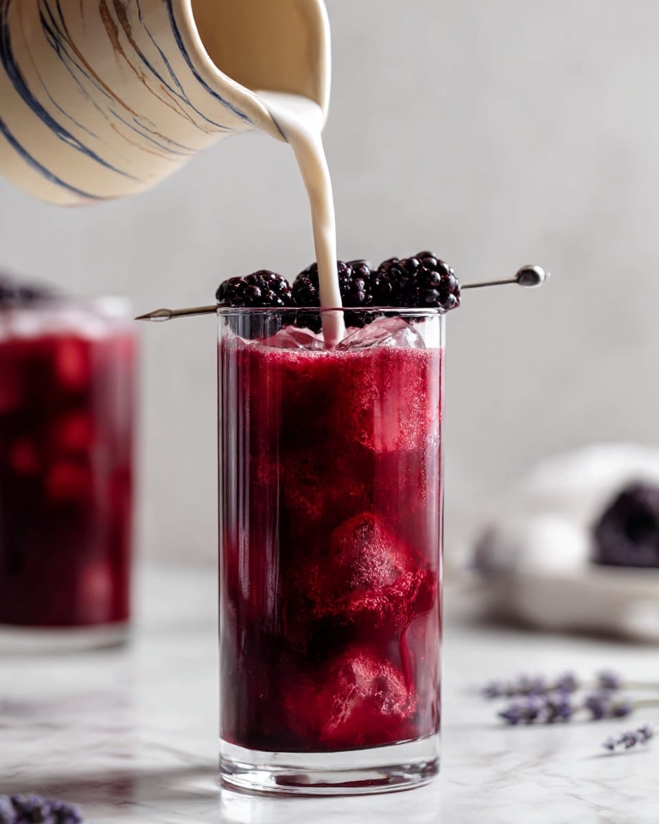 A tall clear glass filled with deep red liquid that has a smooth texture and visible ice cubes inside. On top, there is a cluster of dark purple-black blackberries pierced with a small skewer resting horizontally across the glass. White cream is being poured from a pale cream pitcher with blue and brown decorative lines onto the top layer, mixing with the red drink. In the background, another glass with the same red liquid and blackberry decoration is faintly visible, placed on a white marbled surface. Small delicate lavender flowers are placed decoratively around the glass photo taken with an iphone --ar 4:5 --v 7