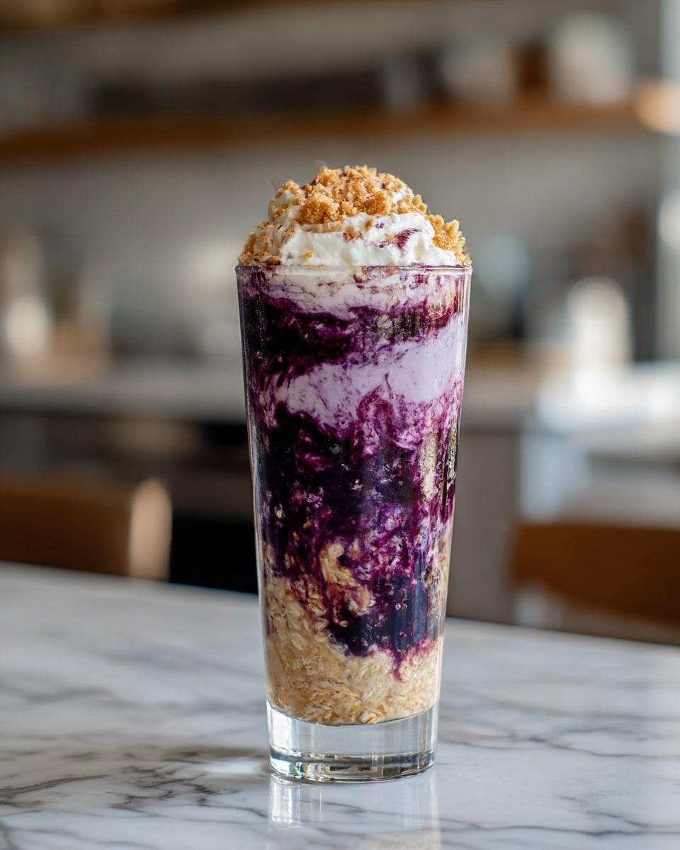 A tall clear glass shows five layers starting from the bottom with a dark purple smooth layer, followed by a crunchy light tan crumbly layer. Above that is a thicker, swirled purple cream layer, topped with a smooth white cream layer. The final top layer has soft white whipped cream swirled high, sprinkled with light brown crumbly bits. The glass sits on a surface with a white marbled texture. photo taken with an iphone --ar 4:5 --v 7